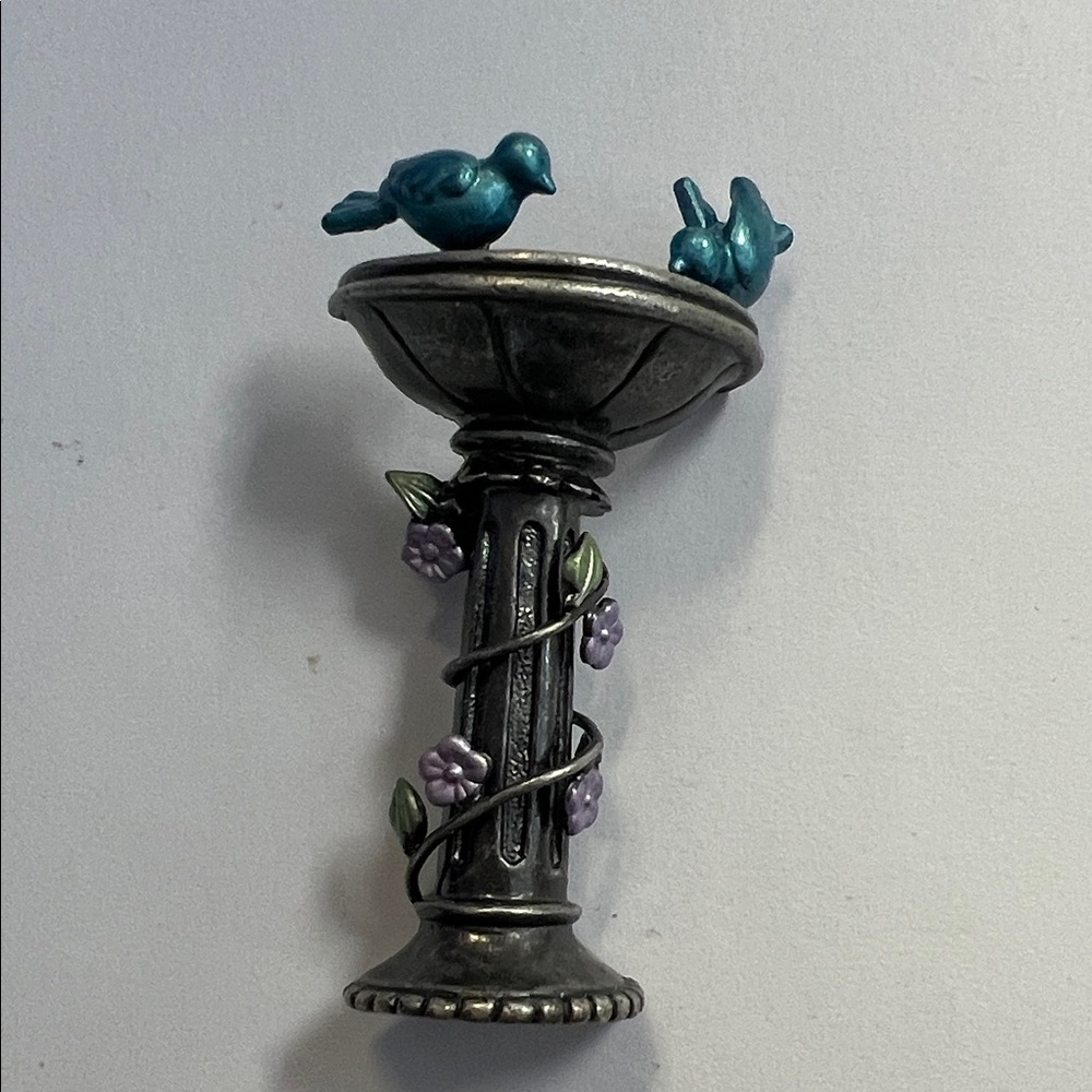 Silver Bird Bath Brooch with Blue Birds